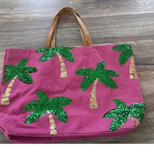 Mud Pie Pink Burlap Sequin Palm Tree Tote Bag Summer Beach Bag